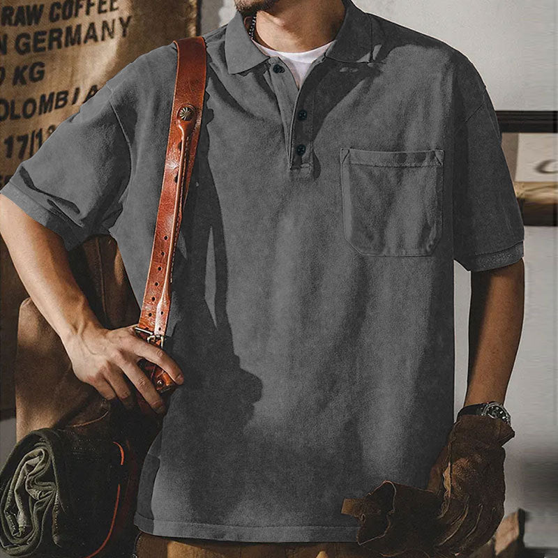 Men's loosely cut cotton polo shirt with a patch chest pocket and short button placket Mune Fashion