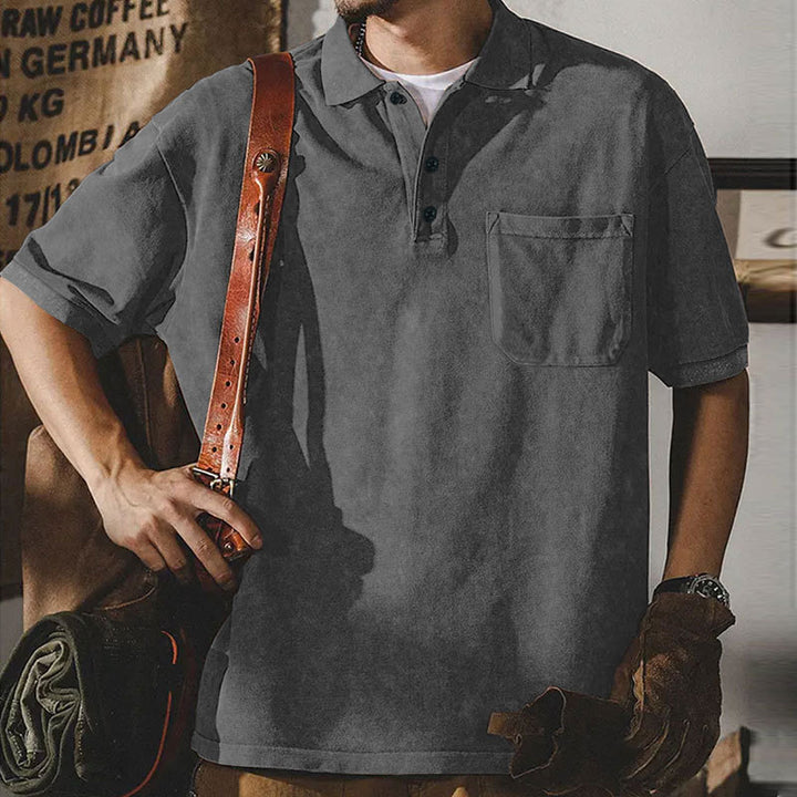 Men's loosely cut cotton polo shirt with a patch chest pocket and short button placket Mune Fashion