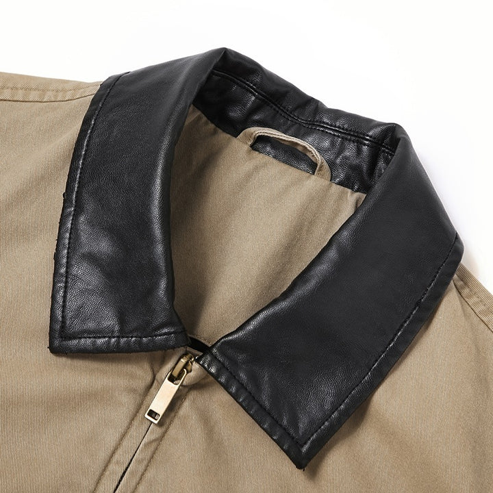 Men's Boxy-Denim Overshirt Jacket with Leather Collar, Chest Pocket with Zipper & Elastic Hem Mune Fashion