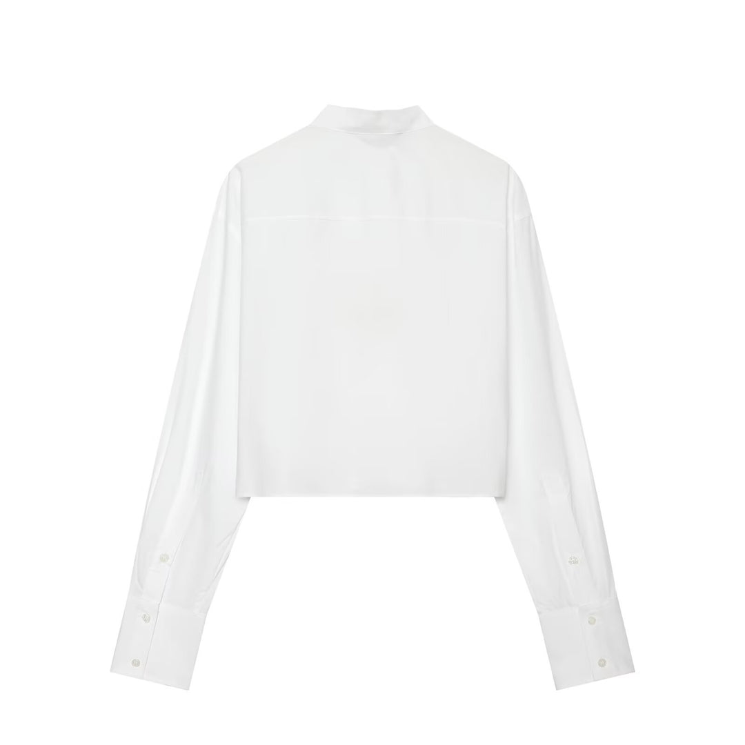 Women Tailored Cropped Blouse with Stand-up Collar, Lacing and Long Cuffs Drune