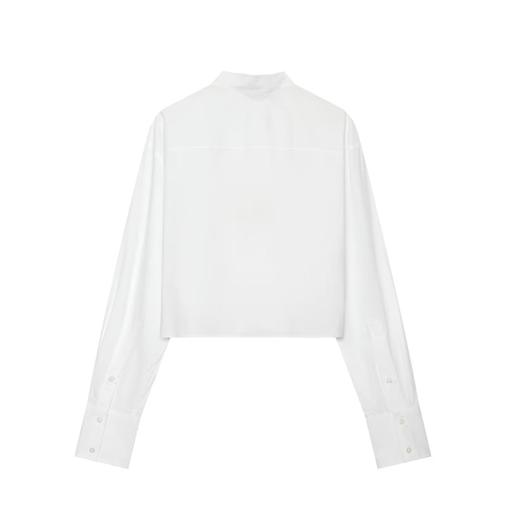 Women Tailored Cropped Blouse with Stand-up Collar, Lacing and Long Cuffs Drune