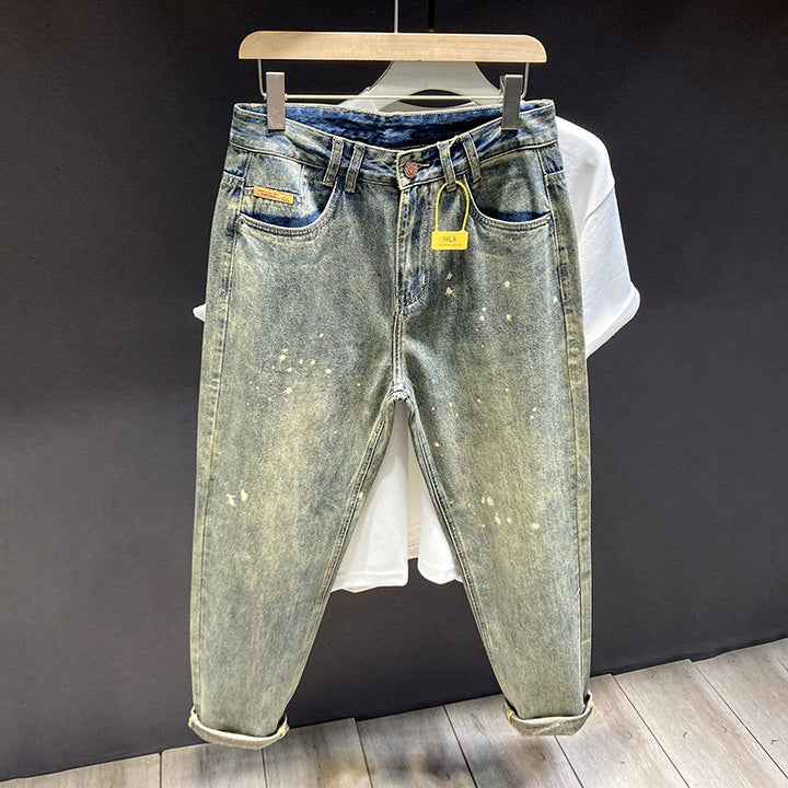 Men's Relaxed-Tapered Vintage Jeans with Paint-Splatter, High Waist and Cuffed Hem Mune Fashion