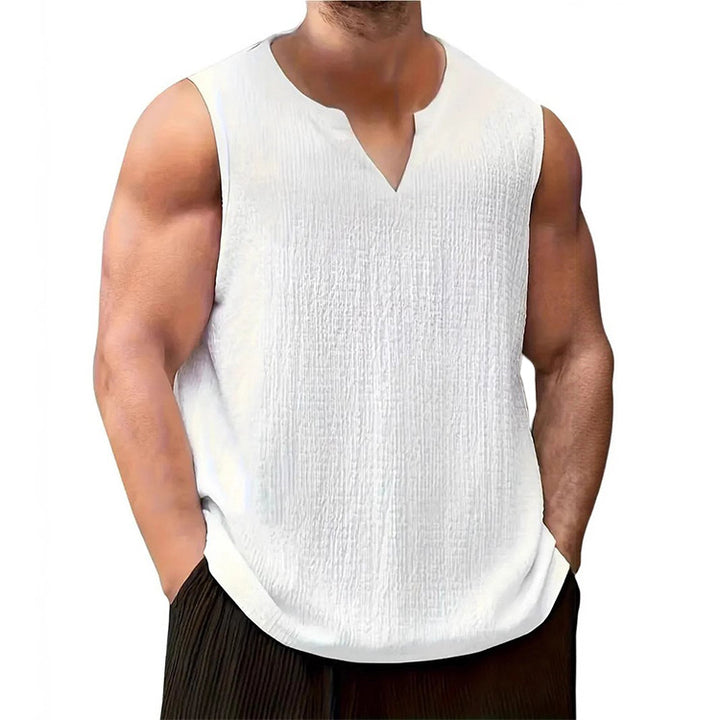 Men's casual crinkle cotton top with notch neckline and rounded hem Mune Fashion