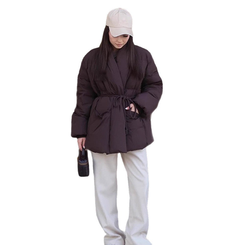 Women's Quilted Tailored Quilted Jacket with Shawl Collar and Tie Belt Mune Fashion