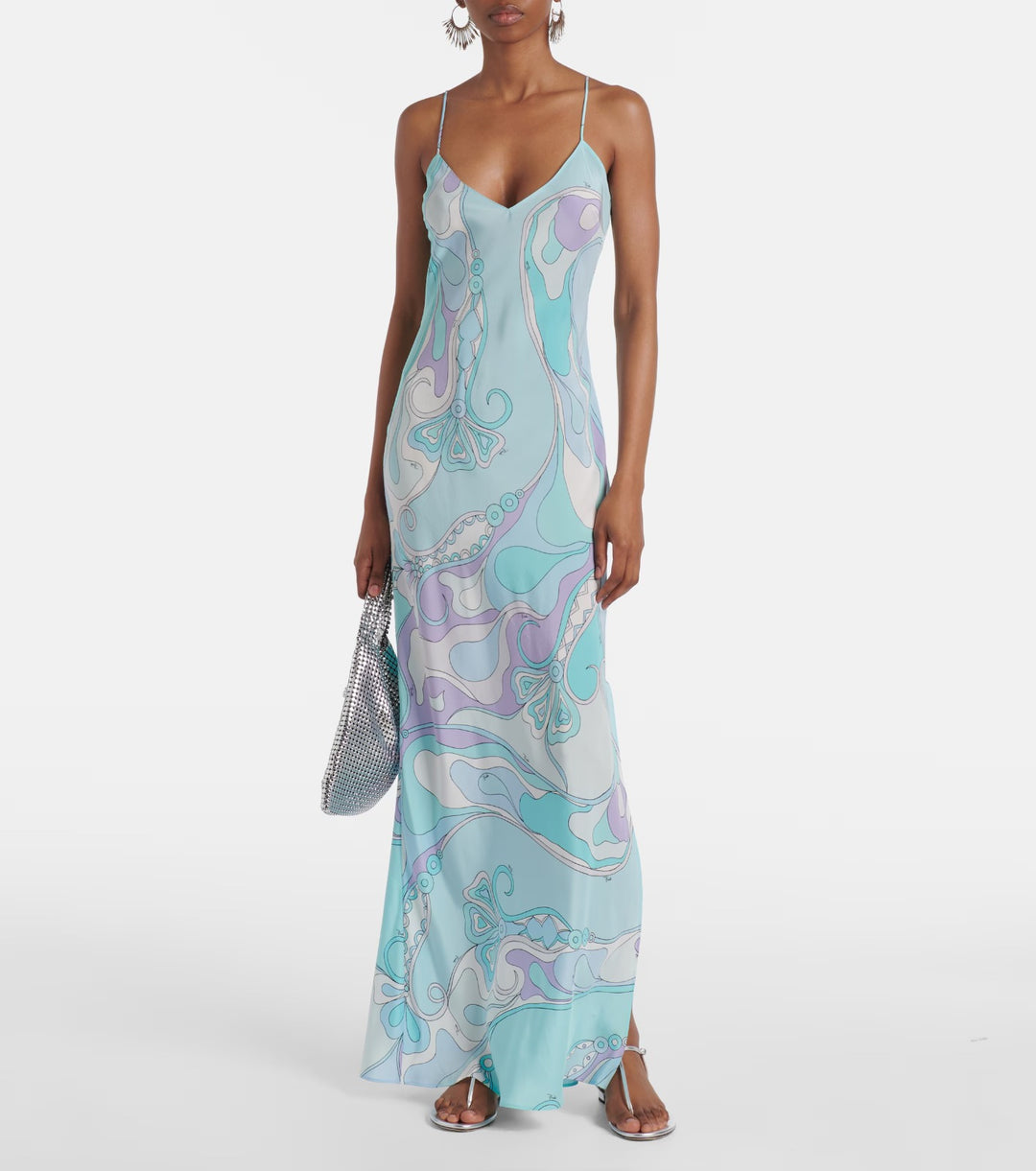 Ladies elegant slip maxi dress with V-neck, delicate spaghetti straps and retro graphic all-over print Mune Fashion