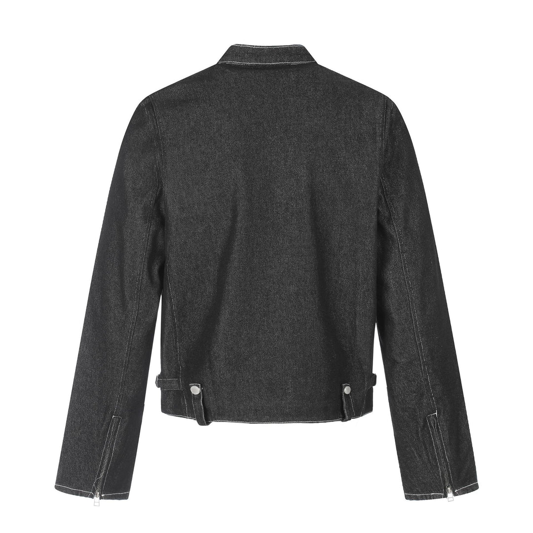 Men's short denim-inspired worker blouson with stand collar, zipper chest pockets, and adjustable waist straps Mune Fashion