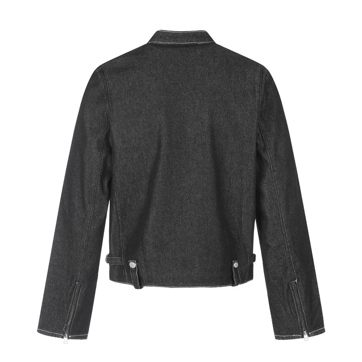 Men's short denim-inspired worker blouson with stand collar, zipper chest pockets, and adjustable waist straps Mune Fashion