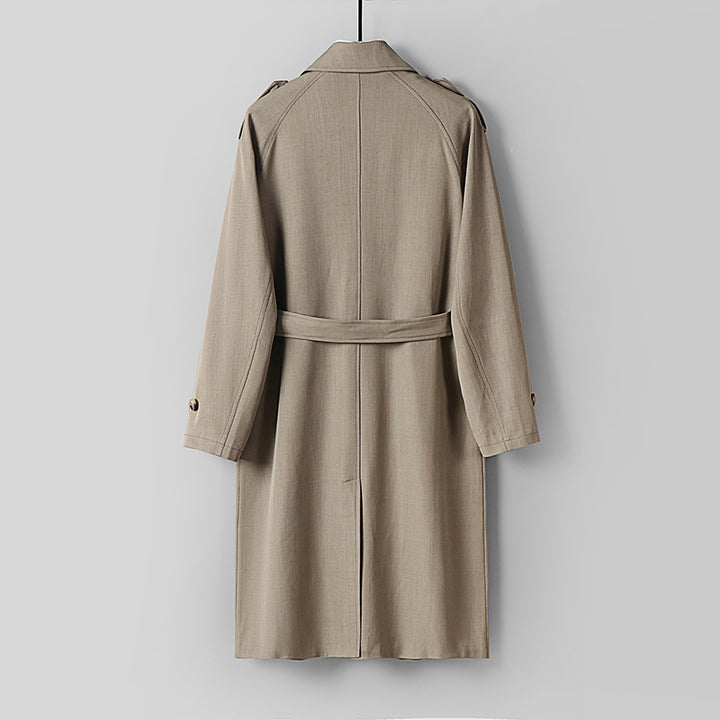 Men's long-cut trench coat with a fitted belt and decorative shoulder straps Mune Fashion
