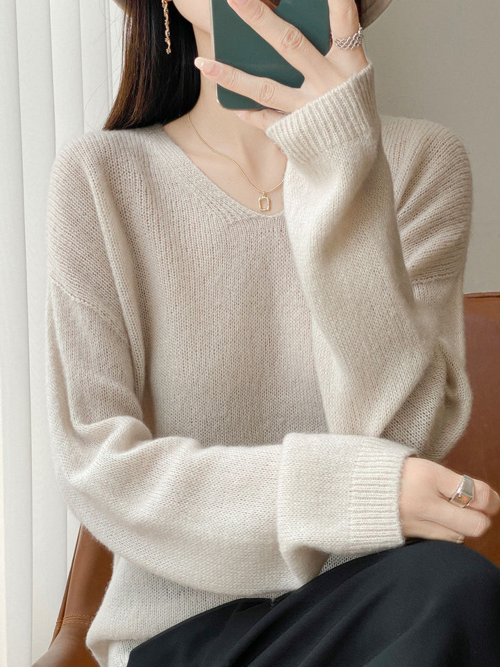 Women's Oversized Fine Knit Sweater with Fine V-Neck and Extended Sleeve Hem Mune Fashion