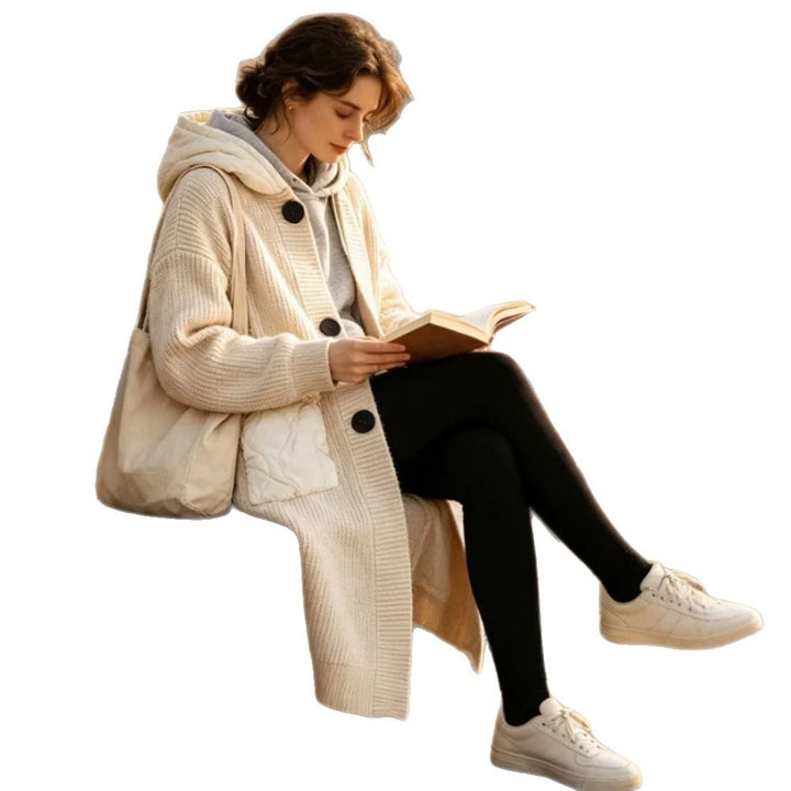 Women Longer Chunky Knit Coat with Hood, Ribbed Cuffs & Patch Pockets Mune Fashion
