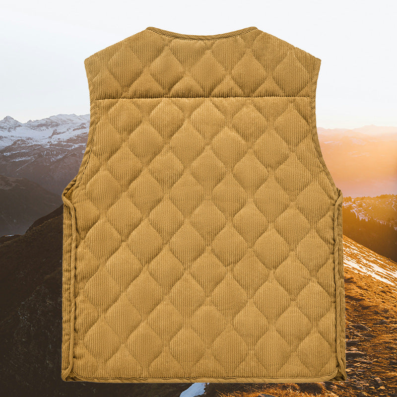 Men Quilted Cord Waistcoat with V-Neck and Patch Pockets Mune Fashion