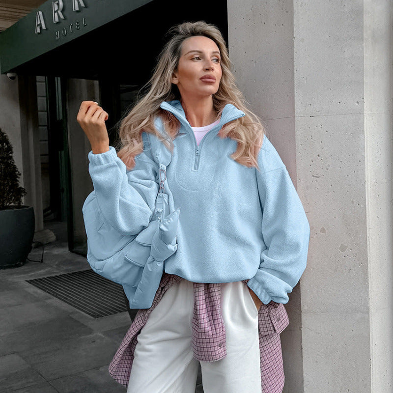 Women’s Oversized Fleece Pullover with Half Zipper and Stand-Up Collar Mune Fashion