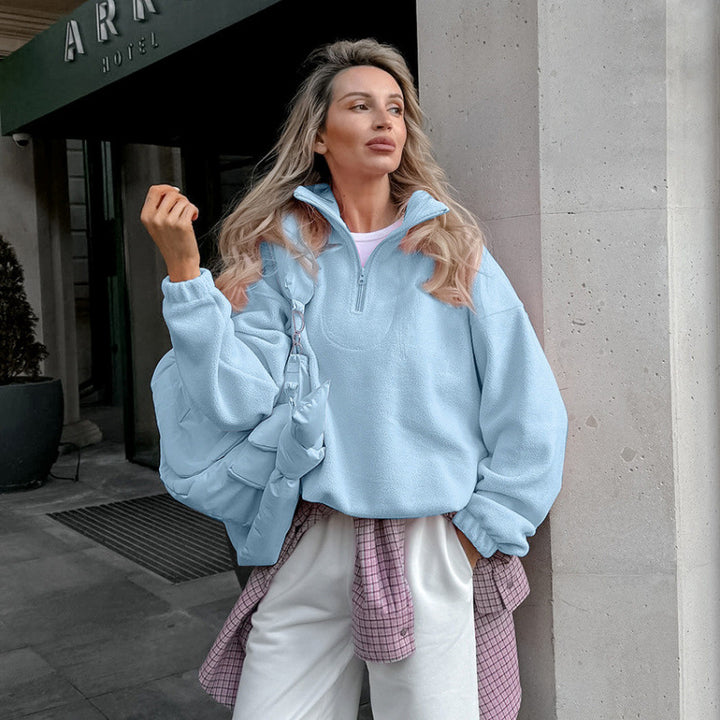 Women’s Oversized Fleece Pullover with Half Zipper and Stand-Up Collar Mune Fashion