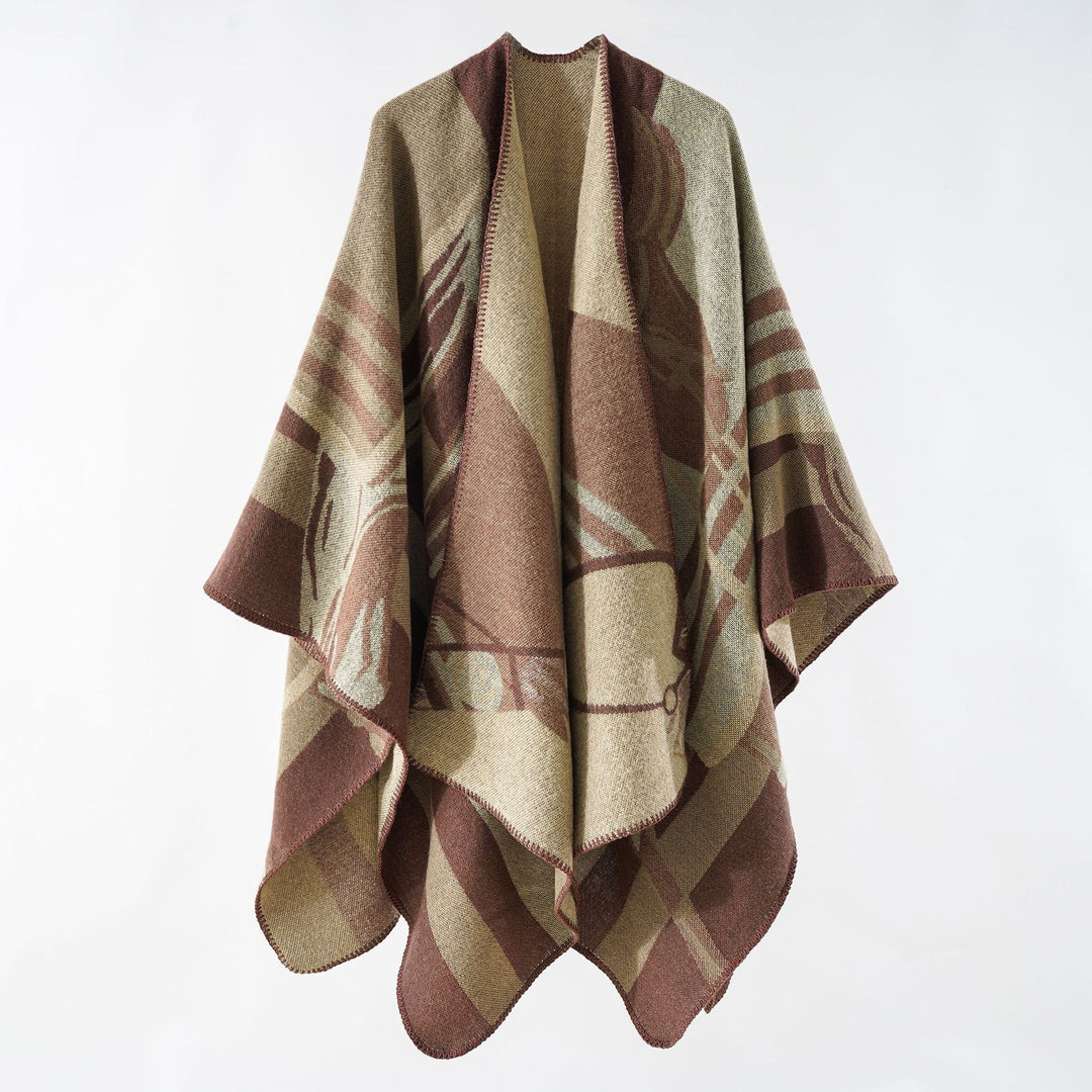 Women's Ruana wrap in coarse wool blend with graphic block design and overlock hem Mune Fashion
