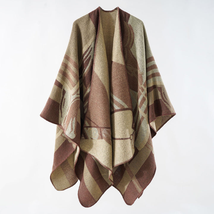 Women's Ruana wrap in coarse wool blend with graphic block design and overlock hem Mune Fashion