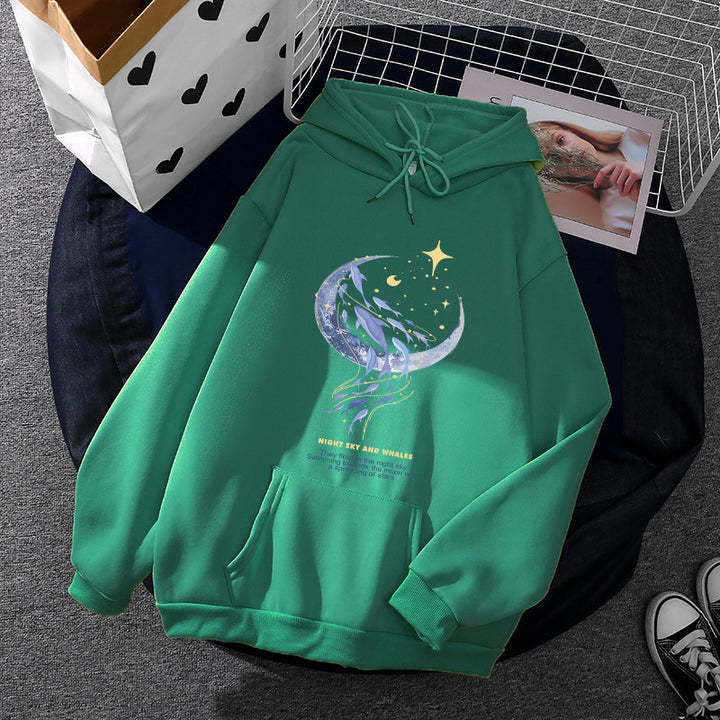 Women's hooded sweatshirt with moon and whale illustration, oversized cut and kangaroo pocket Mune Fashion