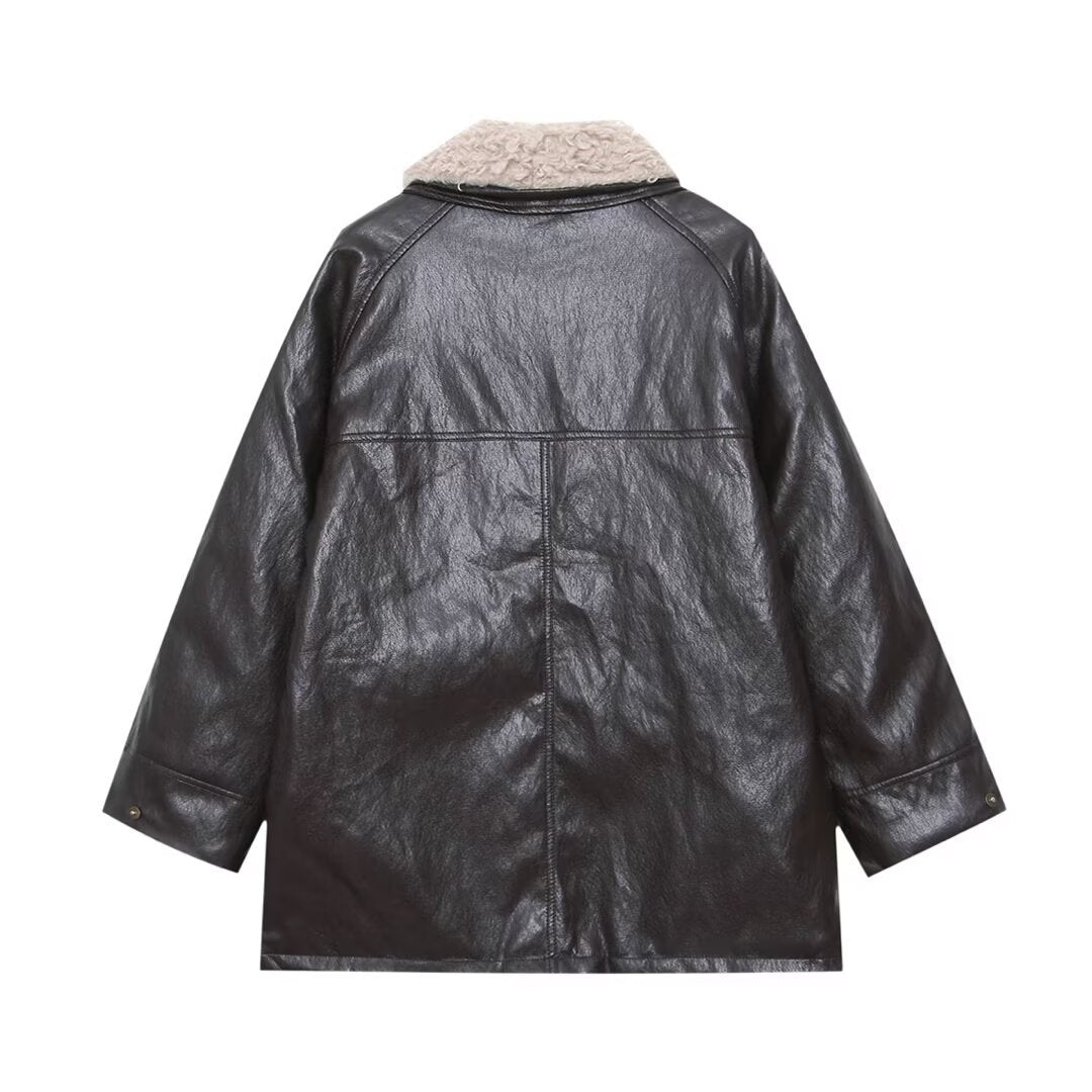 Women's Oversized Faux Leather Field Jacket with Detachable Teddy Collar and Flap Pockets Mune Fashion