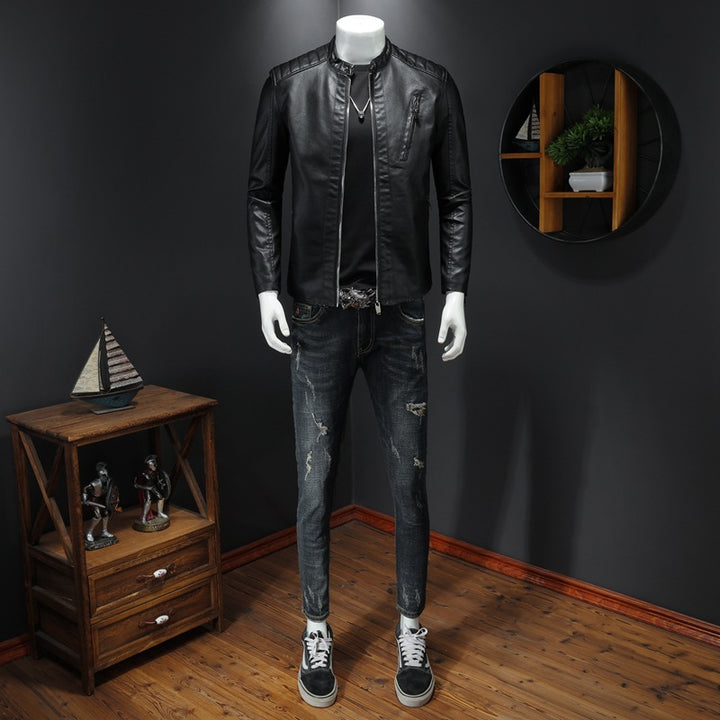 Men's Stylish Leather Jacket with Narrow Collar Mune Fashion