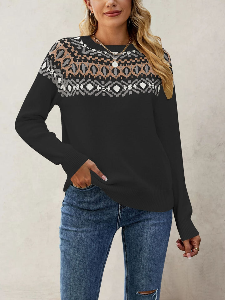 Women's Nordic Pattern Pullover with Round Neck and Casual Cut Mune