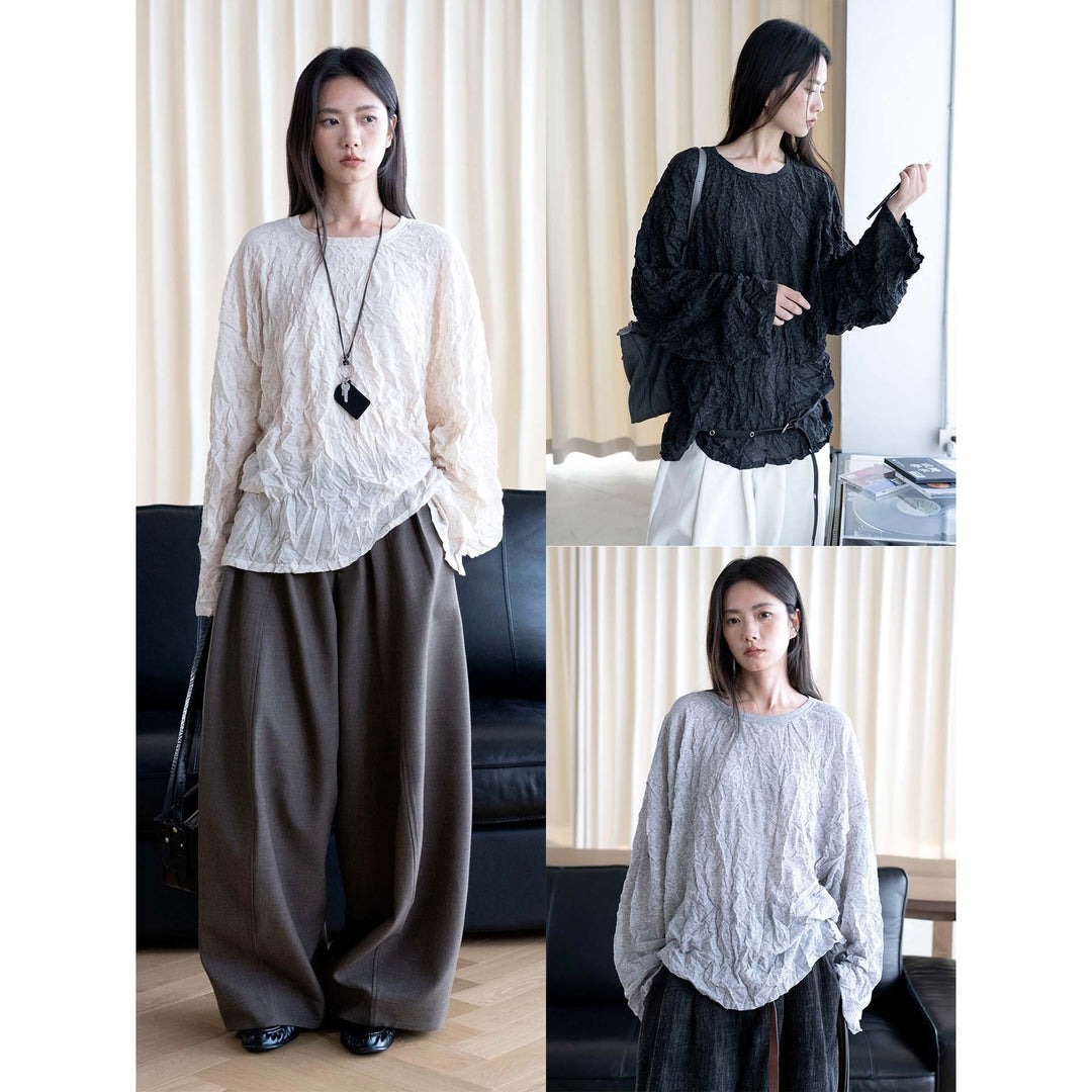 Women's Crinkled Oversize Blouse made of Linen Blend with Textured Pleated Look Mune Fashion