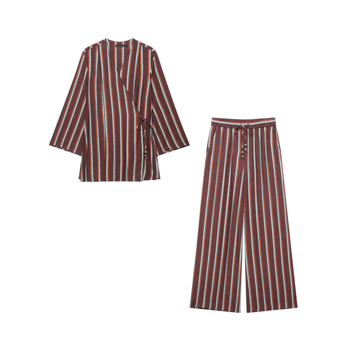 Women's Striped Wrap Kimono Set with Wide Palazzo Pants Drune
