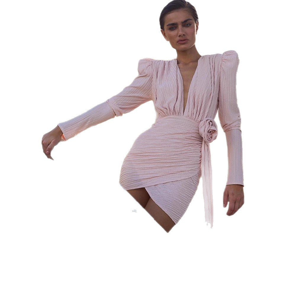Women's Pleated Wrap Mini Dress with Deep V-Neck, Puff Sleeves, and Waist Rose Detail