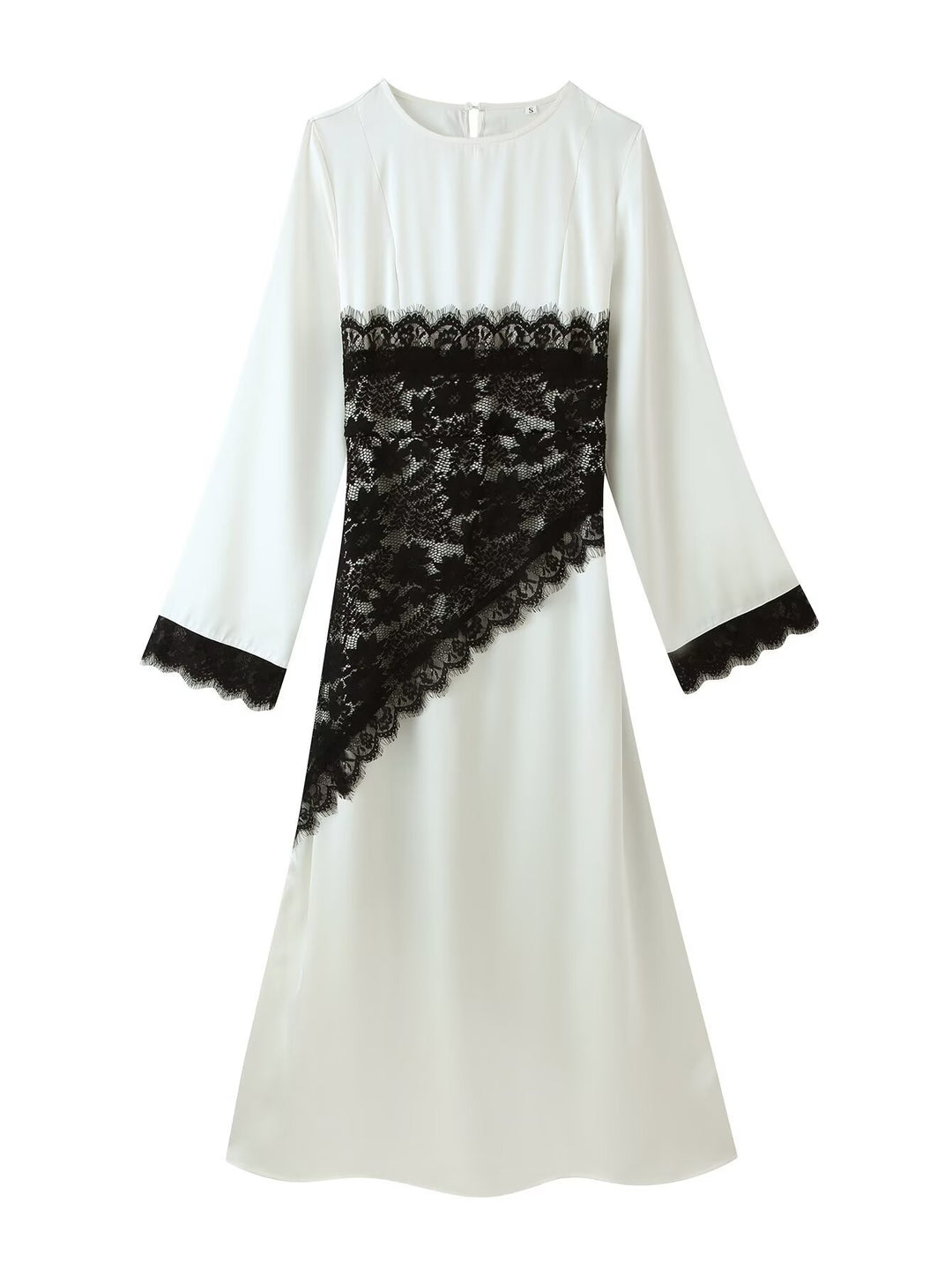 Women Mididress with Asymmetric Lace Trimming and Bell Sleeves Mune Fashion