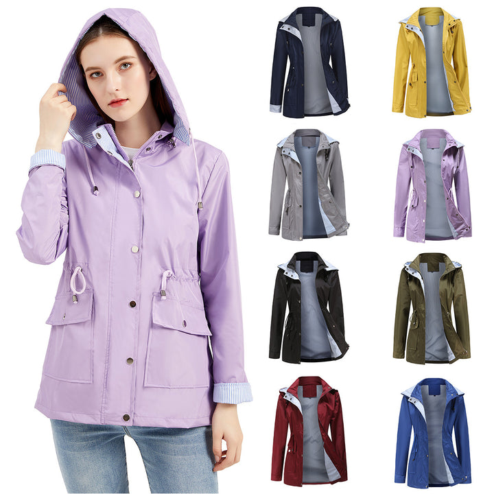 Women's lightweight waterproof rain jacket with hood and waist drawstring Mune Fashion