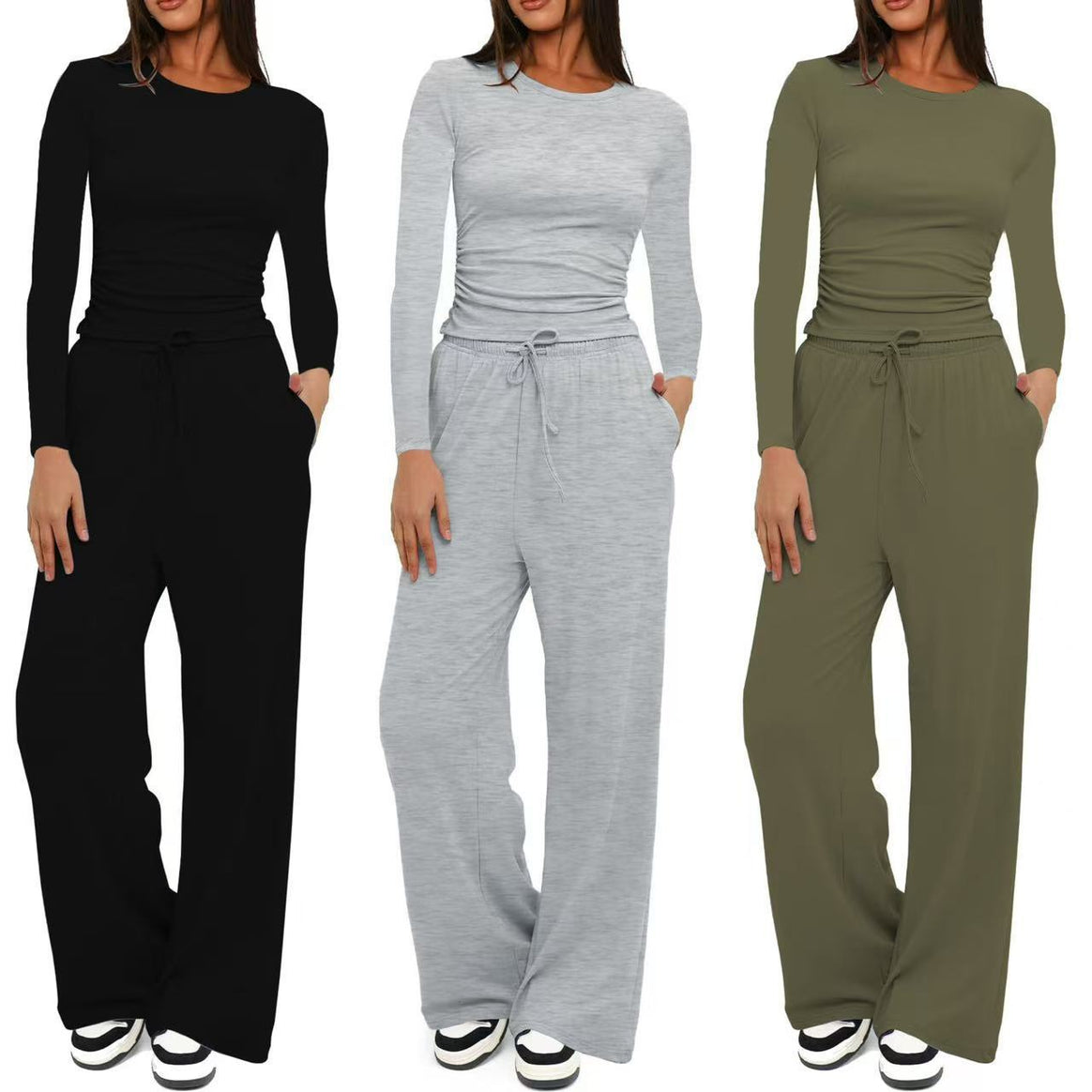 Women's Figure-Hugging Long Sleeve with Side Gathering and High-Waist Palazzo Jogging Pants Set Mune Fashion