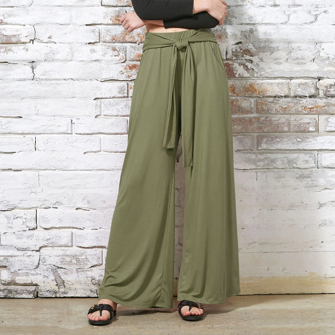 Women Wide Jersey Pants with High Waist and Tie Belt Mune Fashion