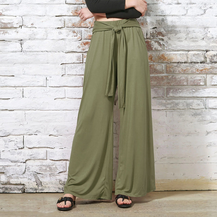 Women Wide Jersey Pants with High Waist and Tie Belt Mune Fashion