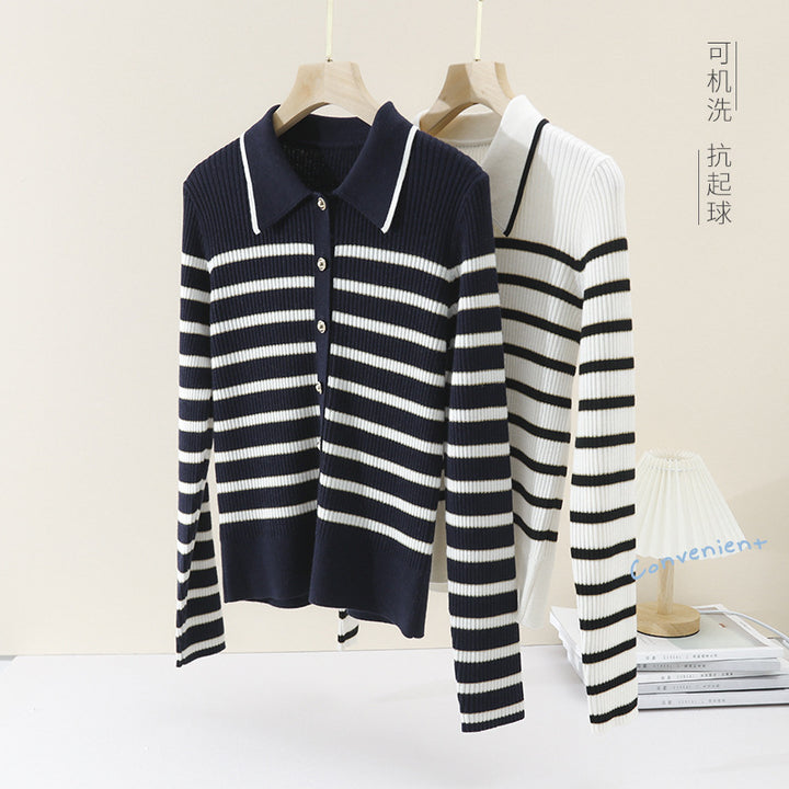 Women’s marine-inspired ribbed knit cardigan with polo collar and decorative button placket Mune Fashion