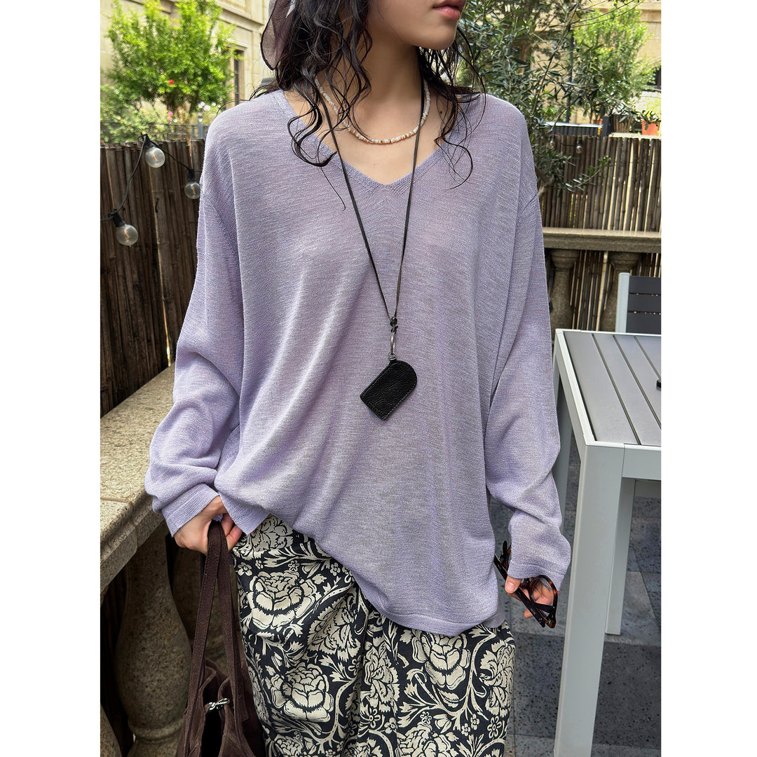 Women Casual V-Neck Fine Knit Long Sleeve with Dropped Shoulder Mune Fashion