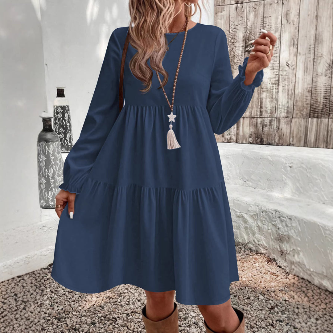 Women Loose Midi Dress in Tiered Look with Gathered Waist Yoke and Ruffle Cuffs Mune Fashion