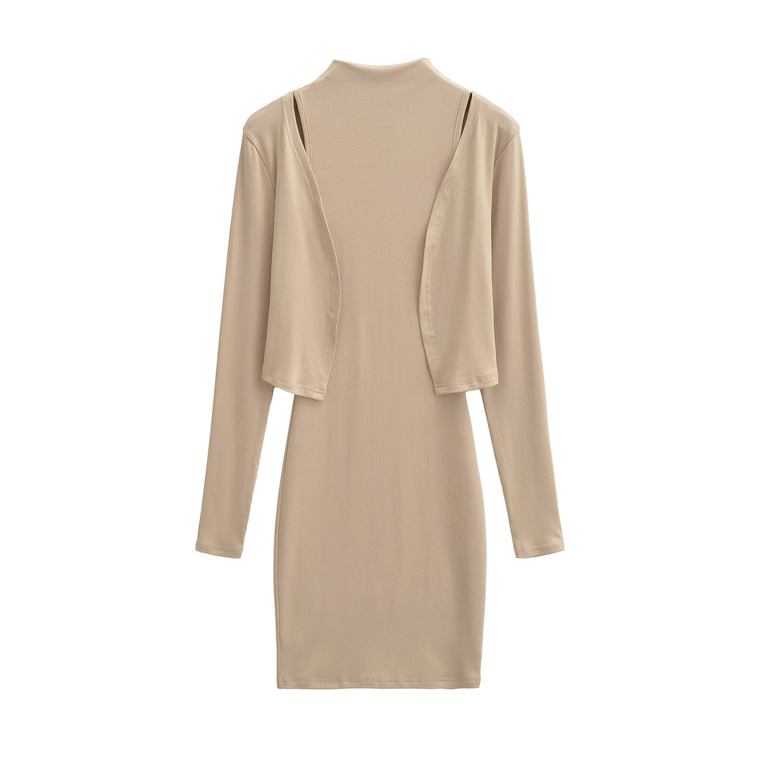 Ladies Figured Close-Fitting Midi Dress with Integrated Bolero and Stand-Up Collar Mune Fashion