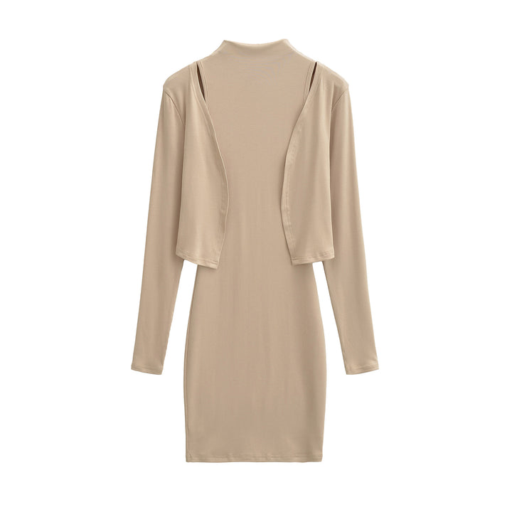 Ladies Figured Close-Fitting Midi Dress with Integrated Bolero and Stand-Up Collar Mune Fashion