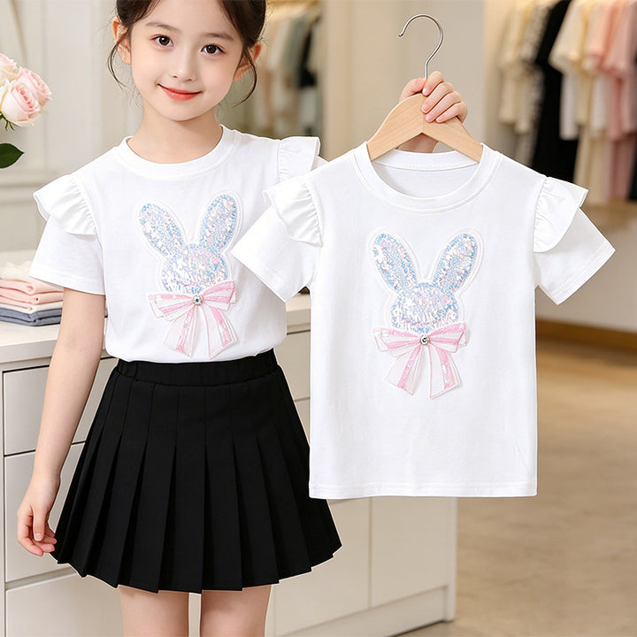 Girls' T-shirt with sparkling rabbit motif and ruffle details Mune Fashion