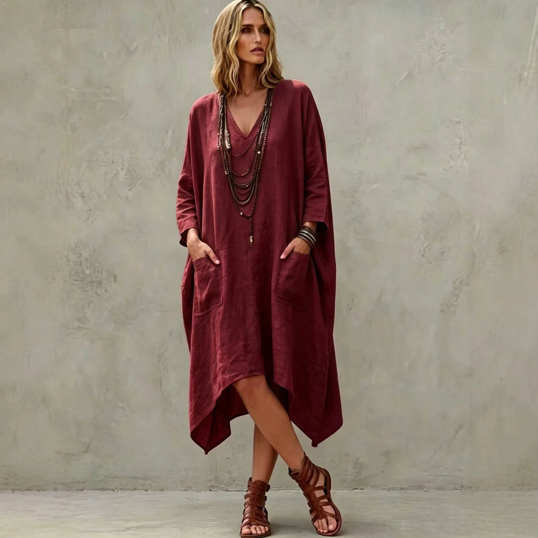 Women's Oversize Kaftan Dress with V-Neck, Side Pockets and Asymmetrical Hem Mune Fashion