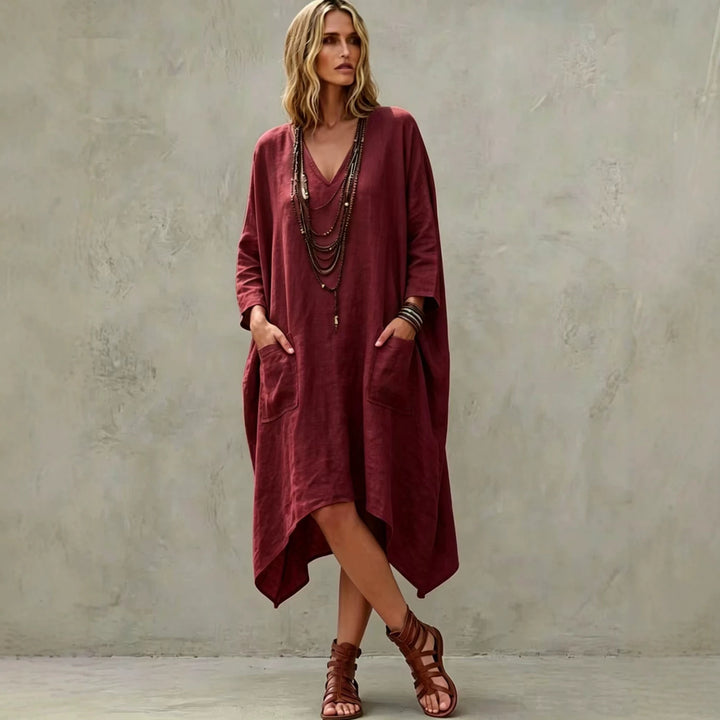 Women's Oversize Kaftan Dress with V-Neck, Side Pockets and Asymmetrical Hem Mune Fashion