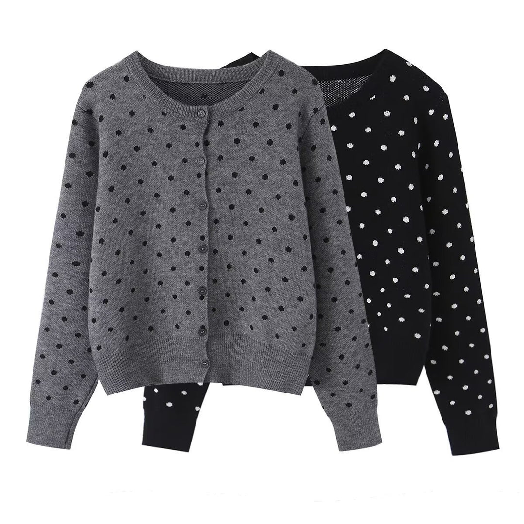 Women short cut fine knitted cardigan with round neckline, button placket and all-over polka dot pattern Mune Fashion