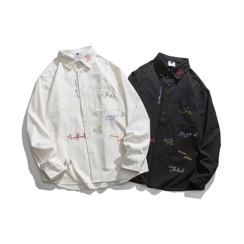 Men's Loose Button-Down Shirt with Multicolored Embroidery and Chest Pocket Mune Fashion