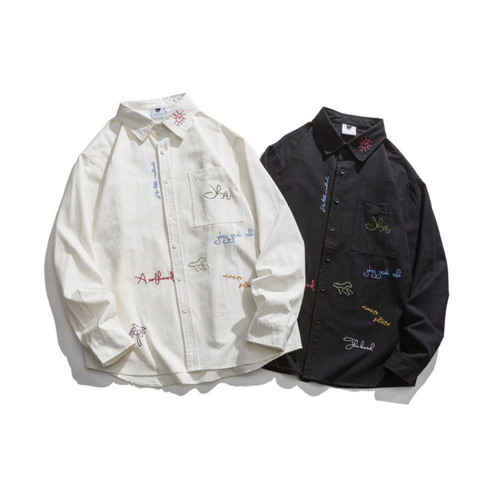 Men's Loose Button-Down Shirt with Multicolored Embroidery and Chest Pocket Mune Fashion