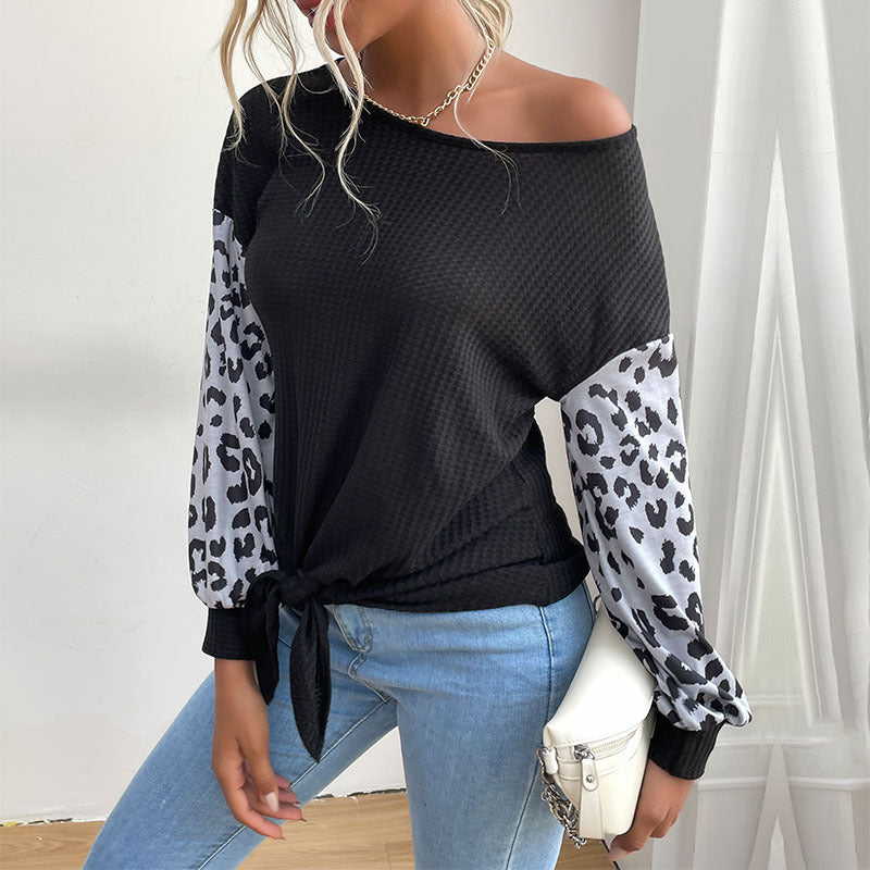 Ladies Casual Shirt with Waffle Structure, Leopard Sleeves and Knot Front Mune Fashion