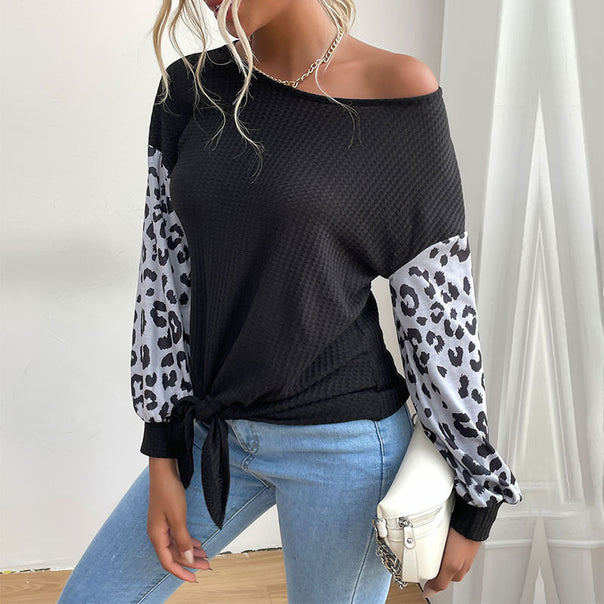 Ladies Casual Shirt with Waffle Structure, Leopard Sleeves and Knot Front Mune Fashion