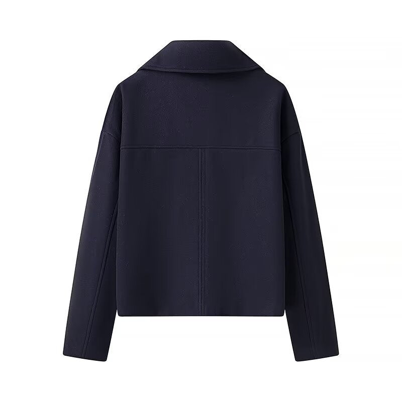 Women's Short Double-Breasted Boxy Peacoat made of Wool Blend with Wide Lapels Mune Fashion