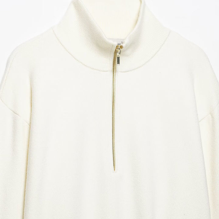 Women's chunky knit pullover with half zipper, stand collar and dropped shoulders Mune Fashion