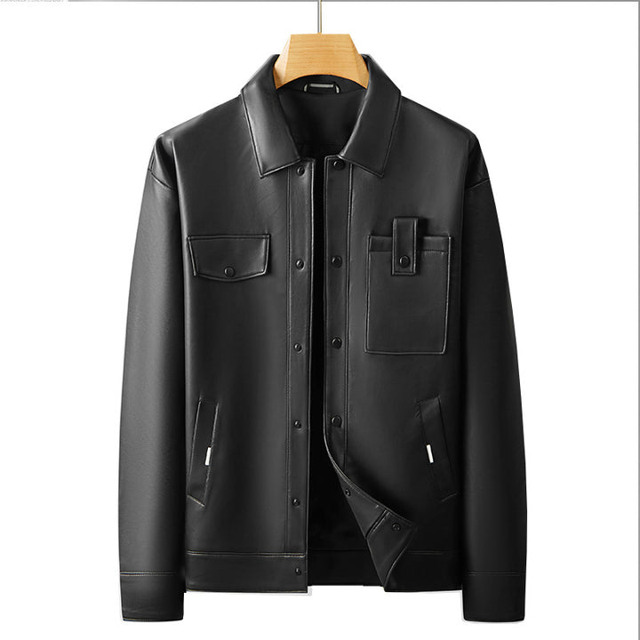 Men's Faux Leather Overshirt Jacket with Utility Chest Pocket and Snap Button Placket Mune Fashion