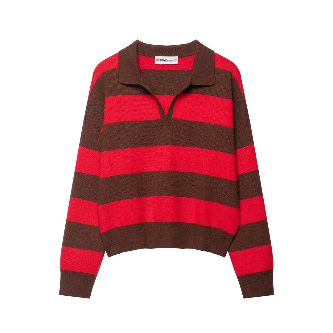 Women's Oversize Striped Rugby Sweater with Open Polo Collar and V-Neck Mune Fashion