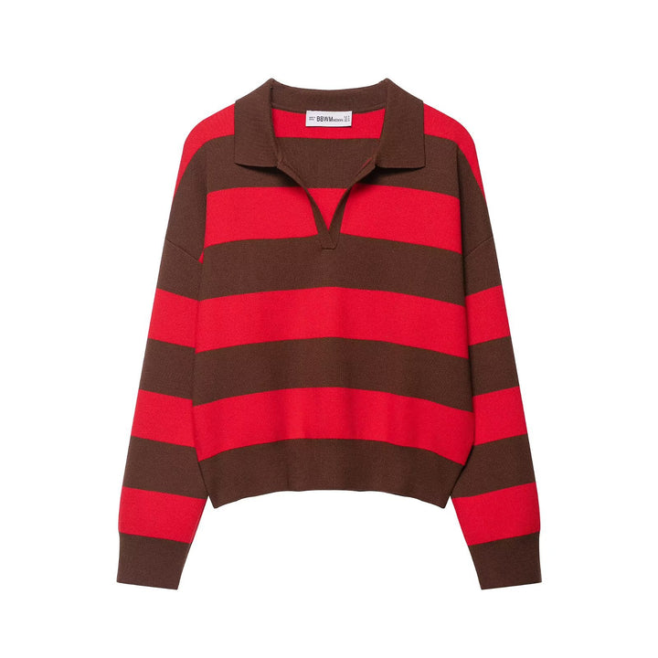 Women's Oversize Striped Rugby Sweater with Open Polo Collar and V-Neck Mune Fashion
