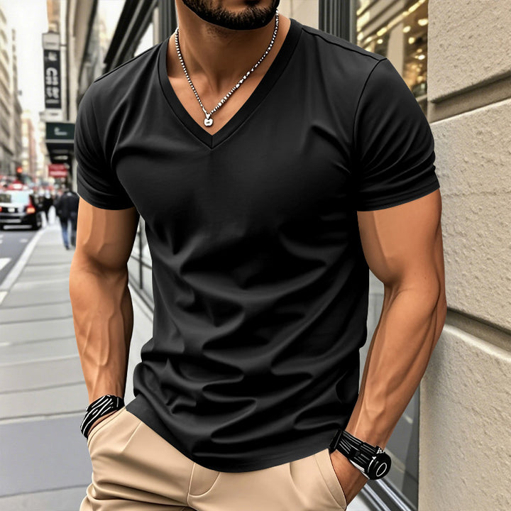 Men's classic V-neck T-shirt made of fine cotton jersey with reinforced neckband and double stitching Mune Fashion